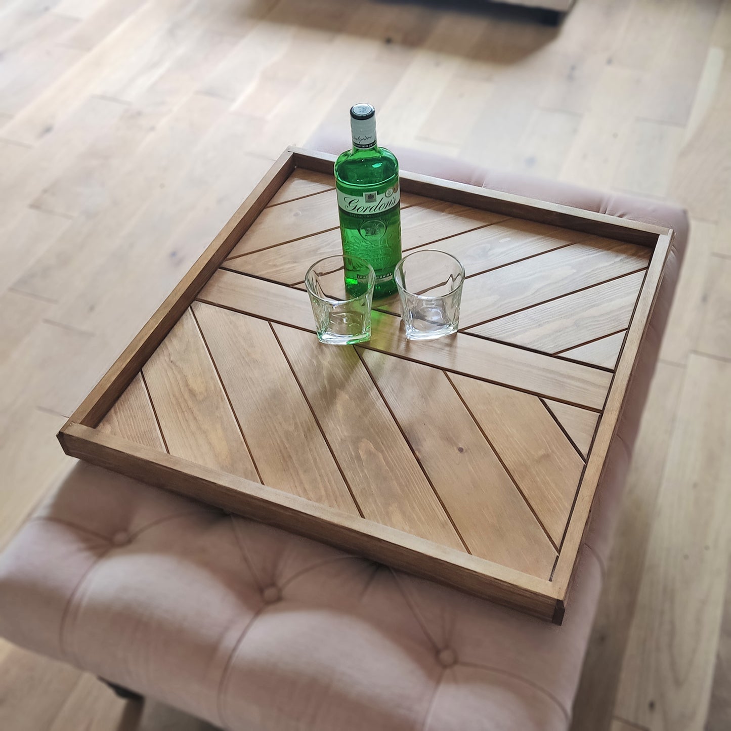 Handmade Ottoman Tray – Solid Pine in Oak Stain with Lacquer Finish