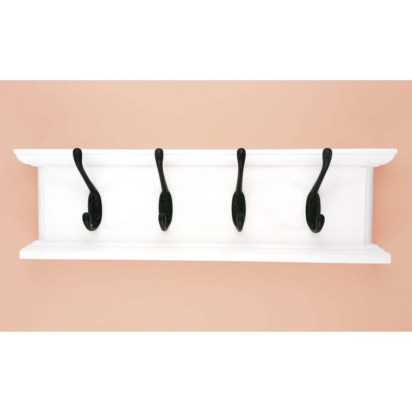 Routed Wooden Coat Rack in White with Double Black Hooks and Hidden Fixings