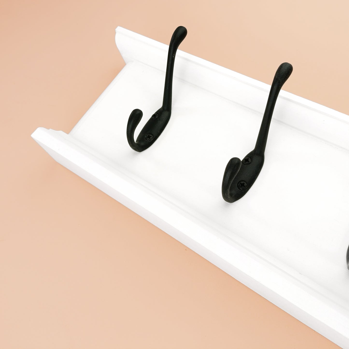 Routed Wooden Coat Rack in White with Double Black Hooks and Hidden Fixings