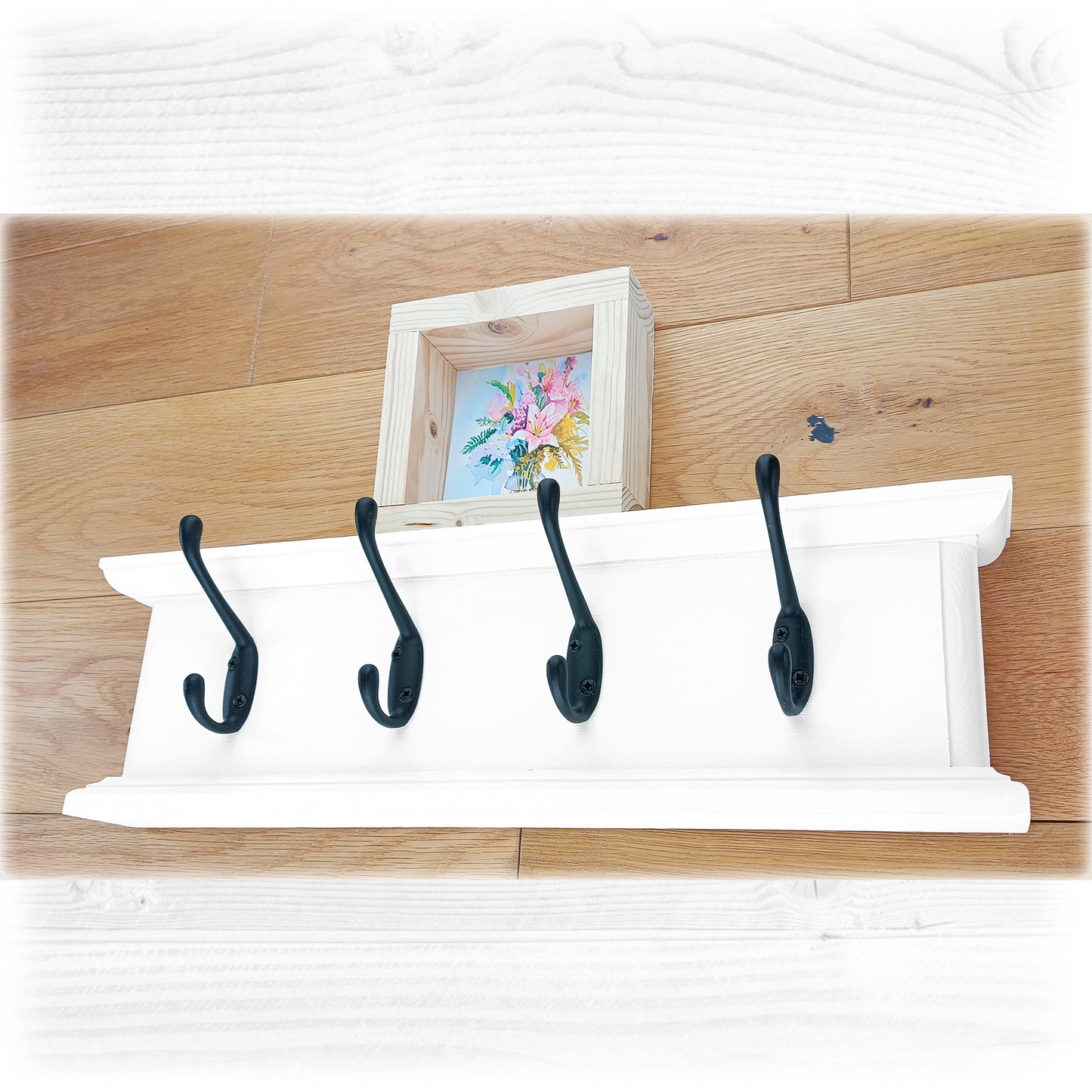 Routed Wooden Coat Rack in White with Double Black Hooks and Hidden Fixings