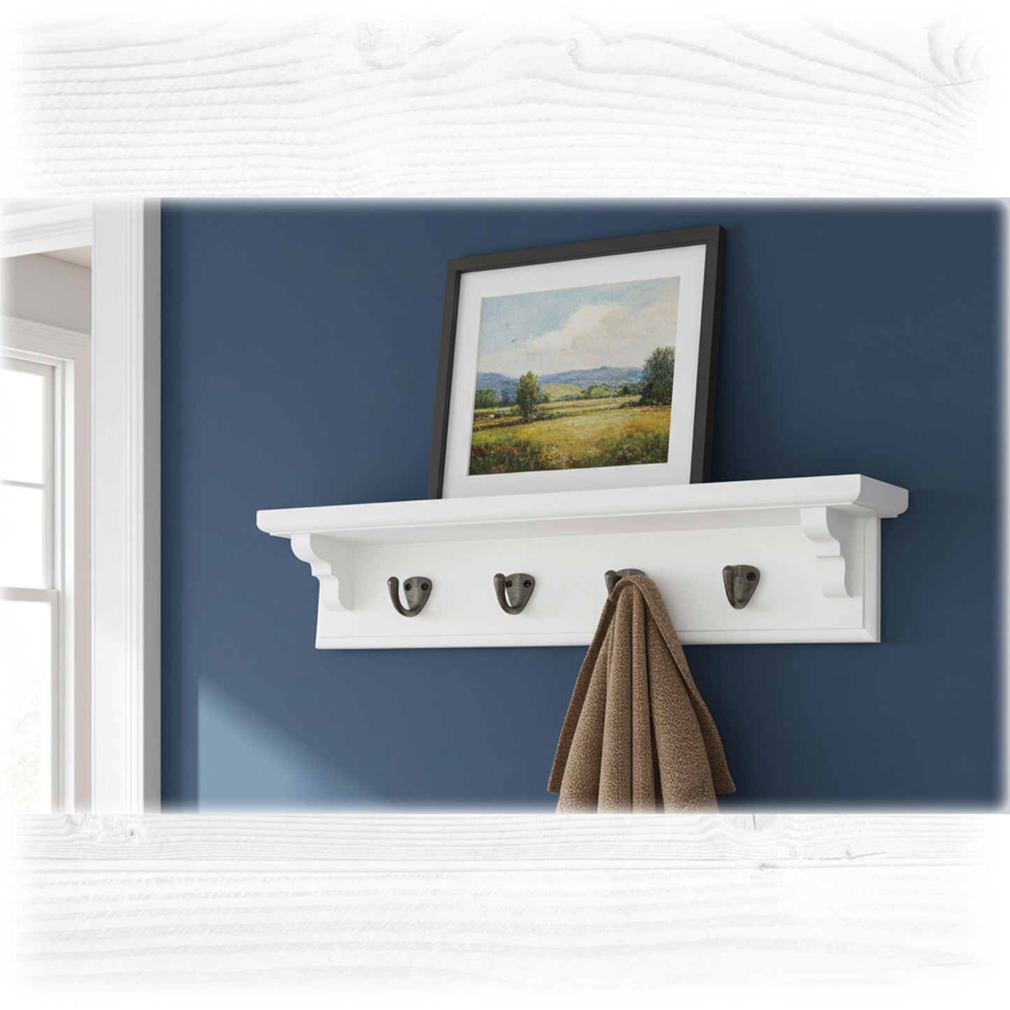 Coat Rack in White with Shelf and Cast Iron Hooks with Hidden Fixings | Made to Order
