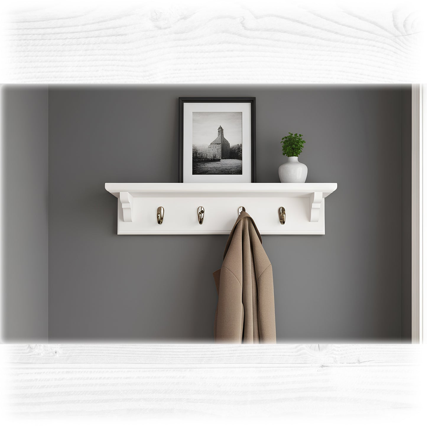 Wooden Coat Rack in White with Shelf – Black Hooks & Hidden Fixings | Stock Item