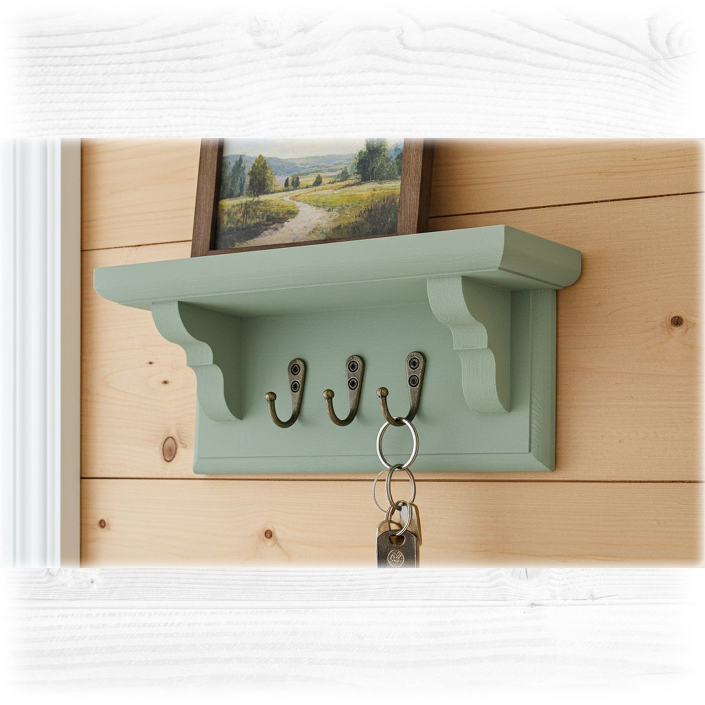 Handmade Sage Green Wooden Key Holder with Shelf – Hidden Fixings | Made to Order