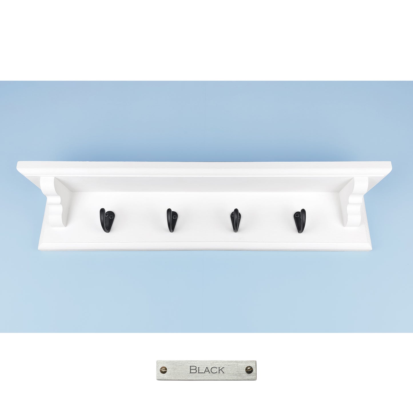 White Wooden Coat Rack with Shelf – Handmade Wall Rack with Hidden Fixings and Custom Hook Colours - Made To Order