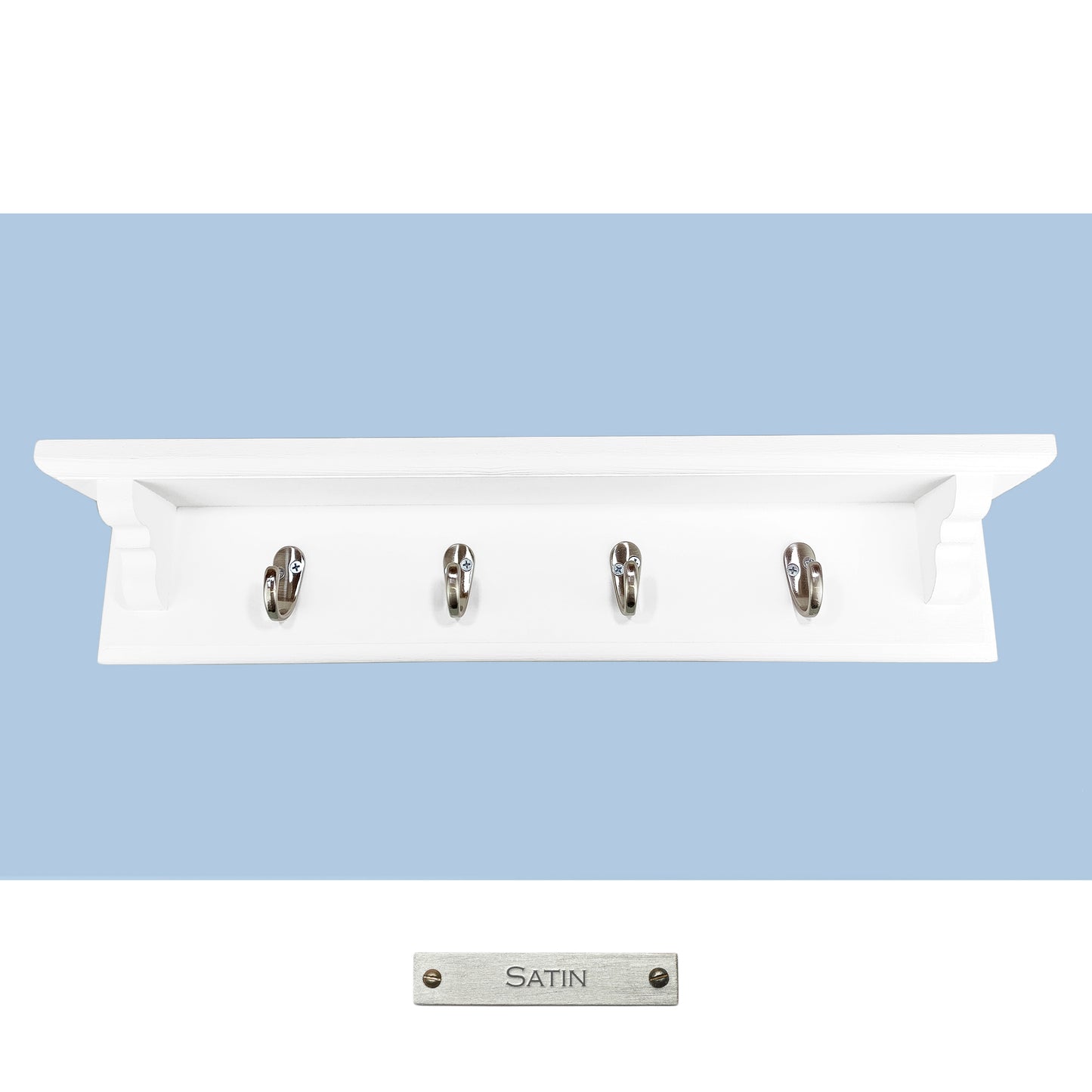 White Wooden Coat Rack with Shelf – Handmade Wall Rack with Hidden Fixings and Custom Hook Colours - Made To Order