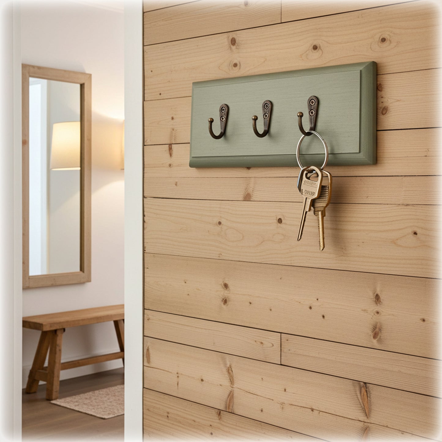 Wooden Floating Key Rack – Cotton White, Sage Green & Oak Stain – Hidden Fixings | Stock Item