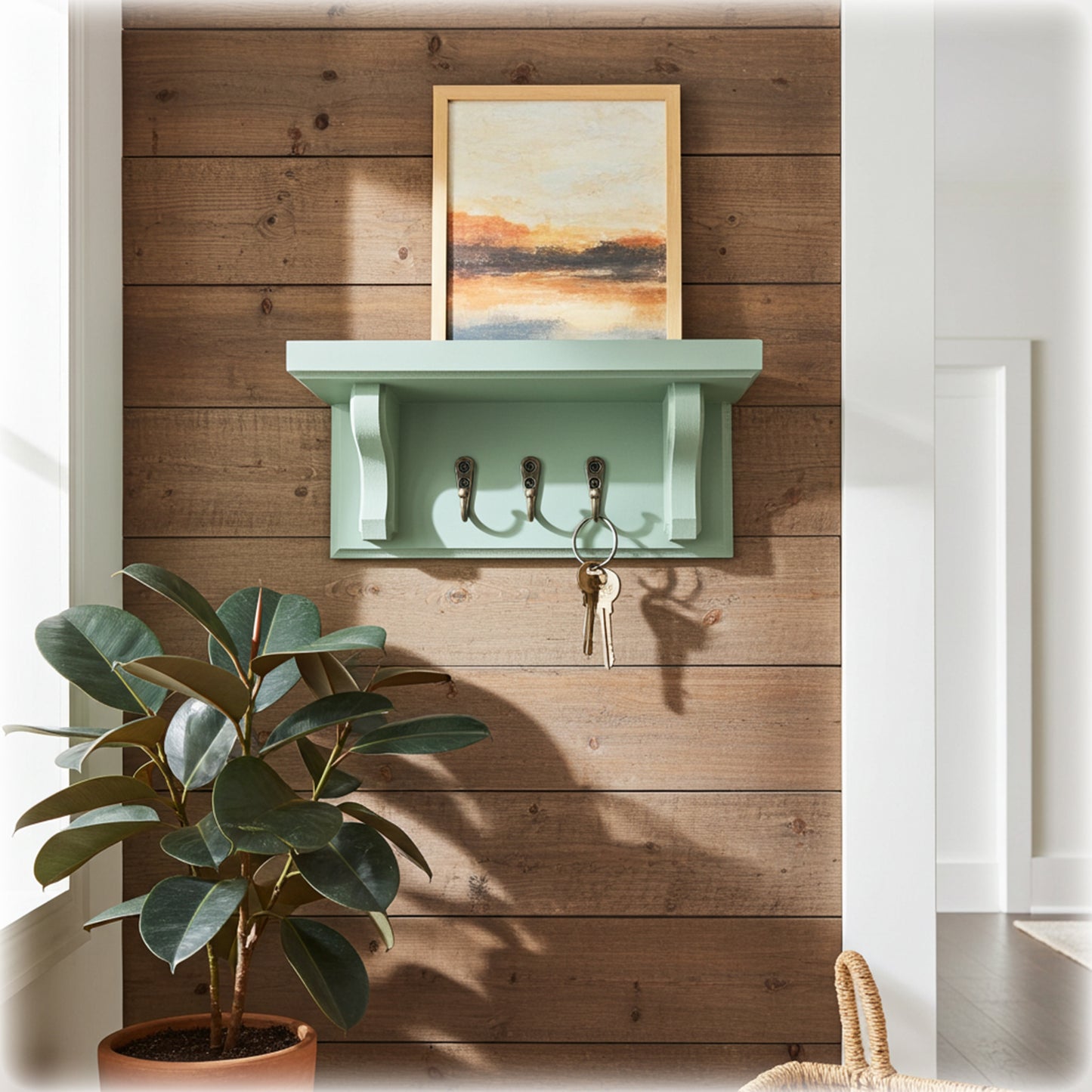 Floating Key Rack with Shelf – Sage Green Finish – Hidden Fixings | Made to Order