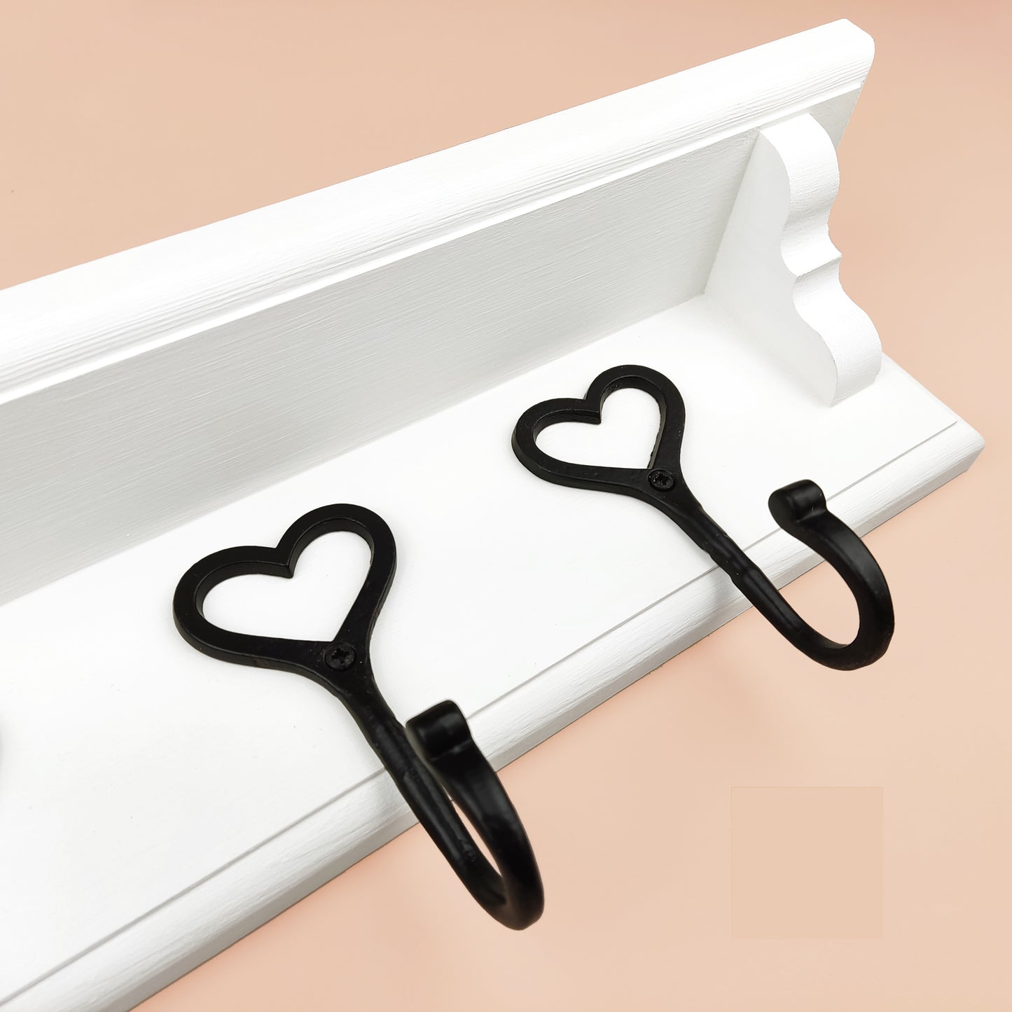 Floating Coat Rack in White with Cast Iron Heart Hooks and Shelf with Hidden Fixings