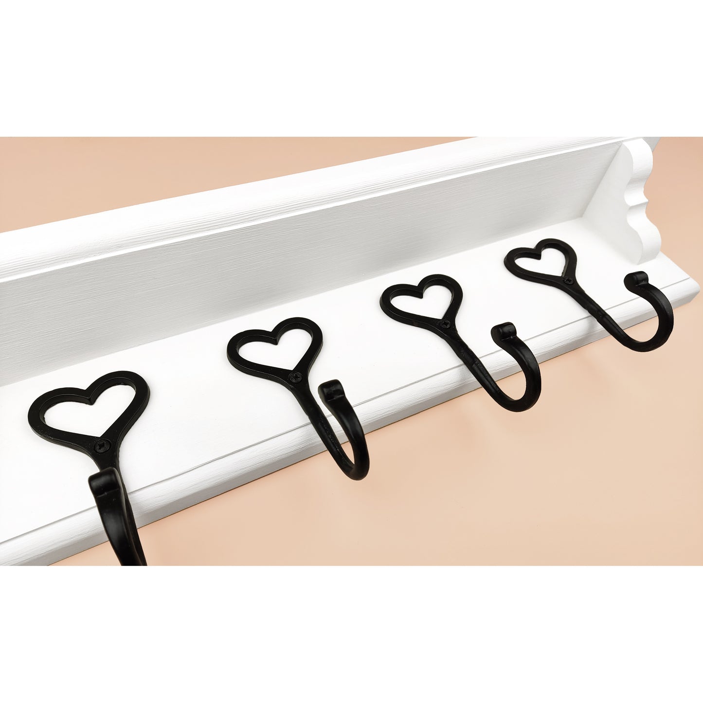 Floating Coat Rack in White with Cast Iron Heart Hooks and Shelf with Hidden Fixings
