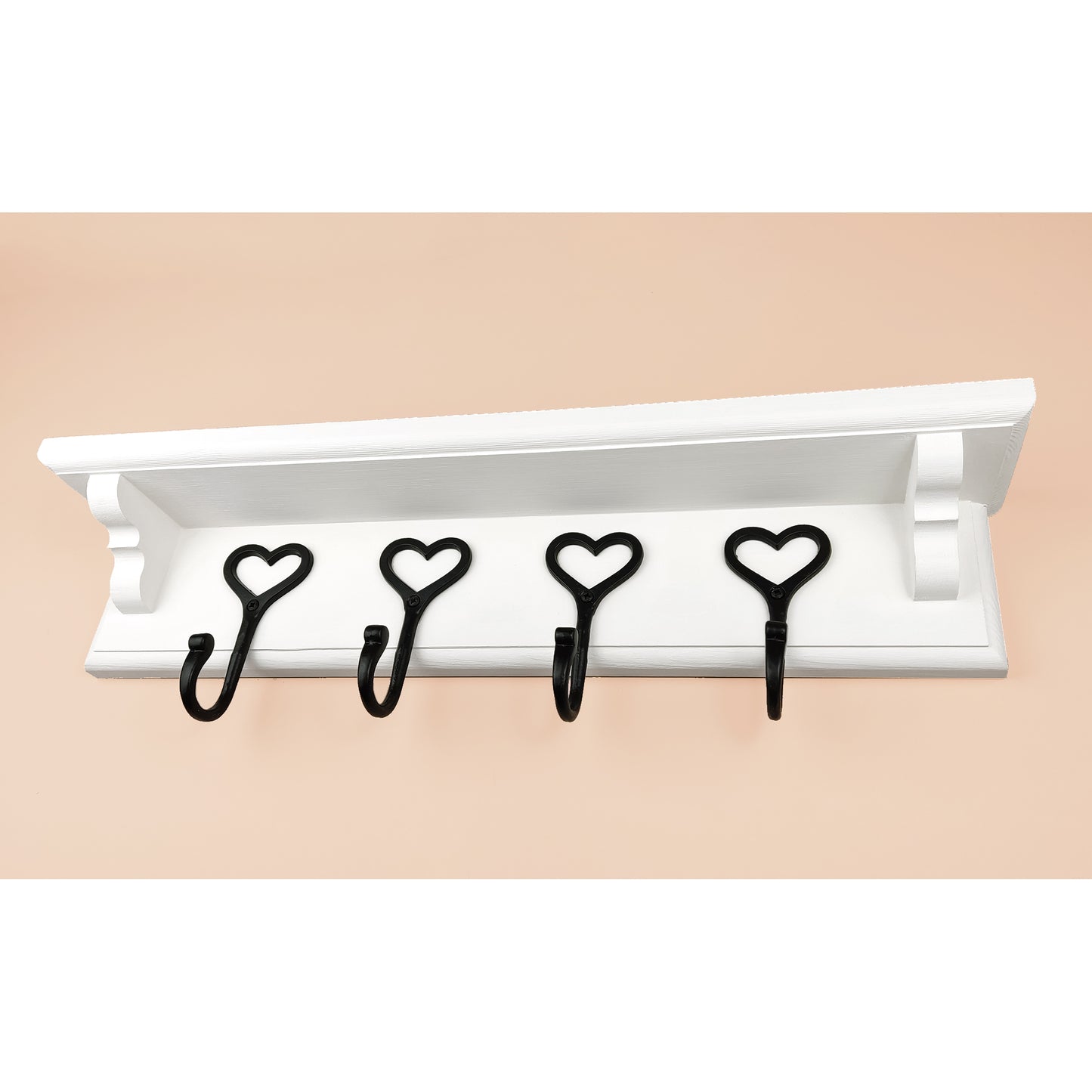 Floating Coat Rack in White with Cast Iron Heart Hooks and Shelf with Hidden Fixings