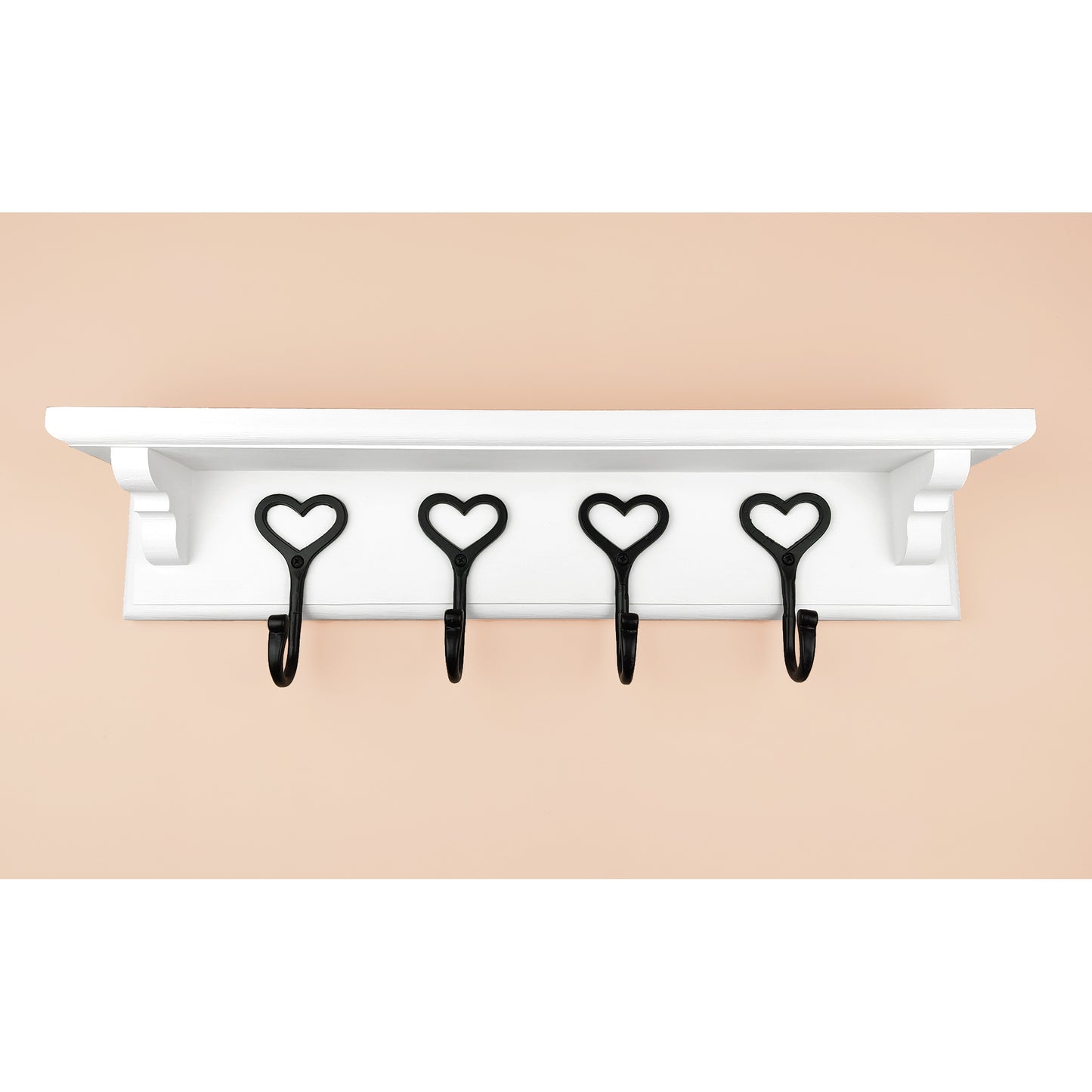 Floating Coat Rack in White with Cast Iron Heart Hooks and Shelf with Hidden Fixings