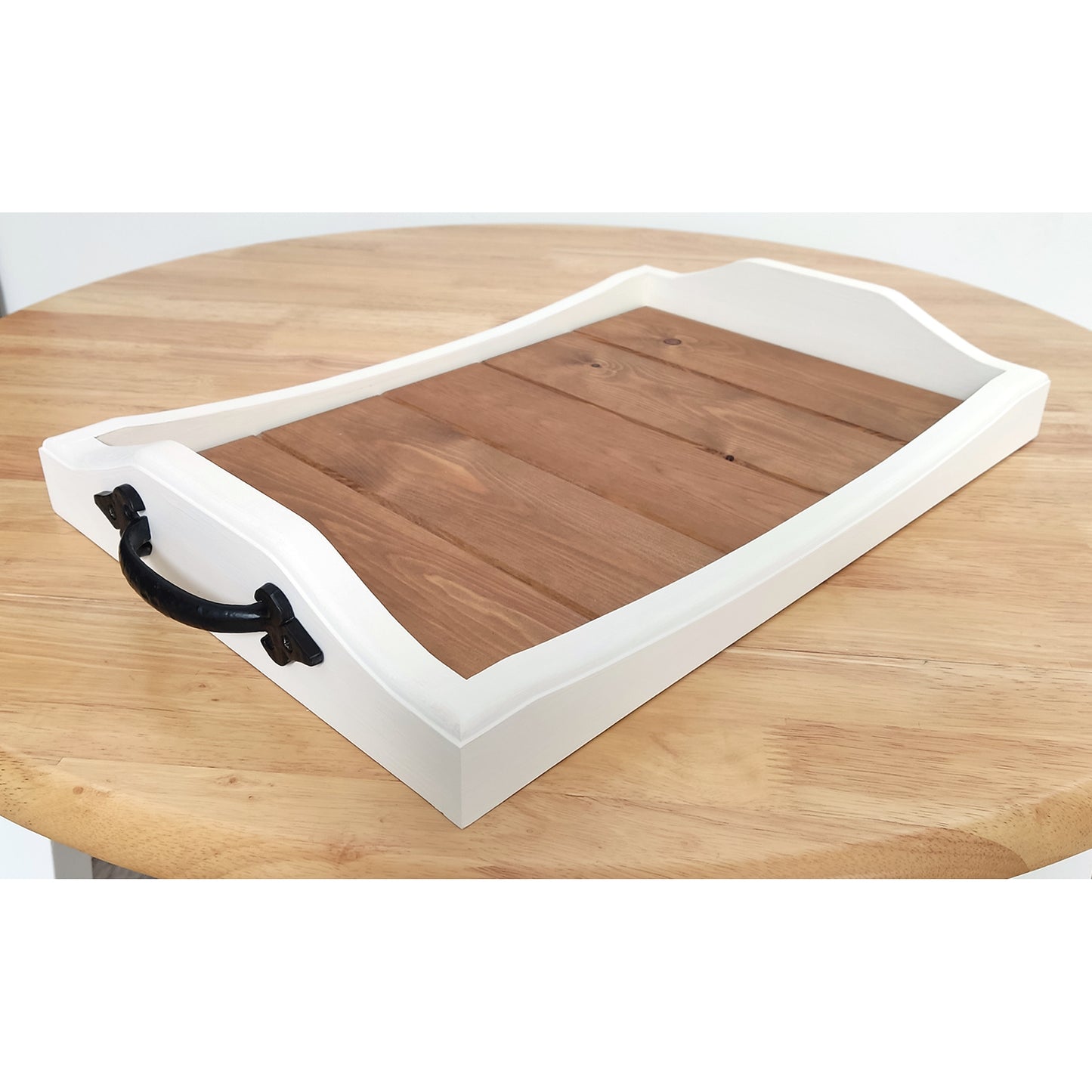 Wooden Serving Tray with Cast Iron Handles finished in White Chalk Paint & Oak Stain