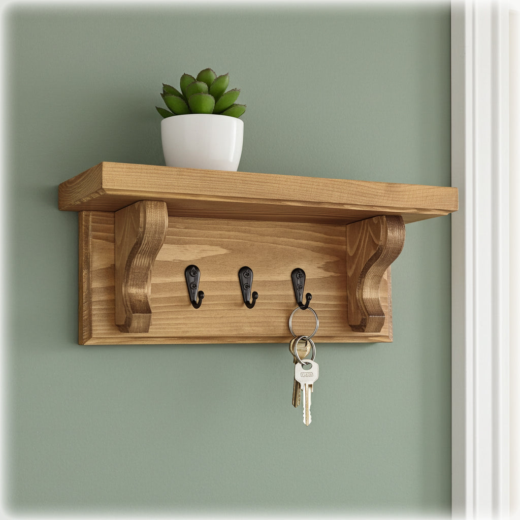 Floating Key Rack with Shelf – Oak Stain Finish – Hidden Fixings | Made to Order