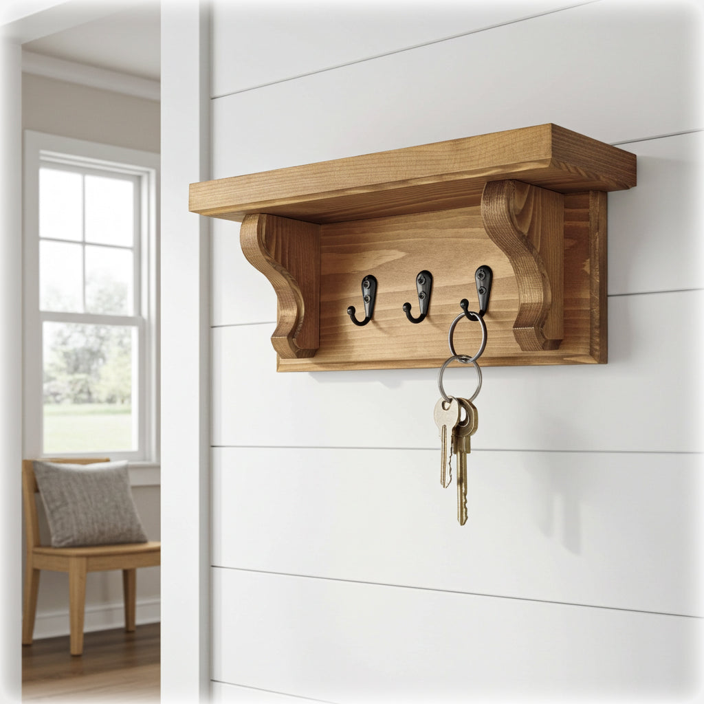 Floating Key Rack with Shelf – Oak Stain Finish – Hidden Fixings | Made to Order
