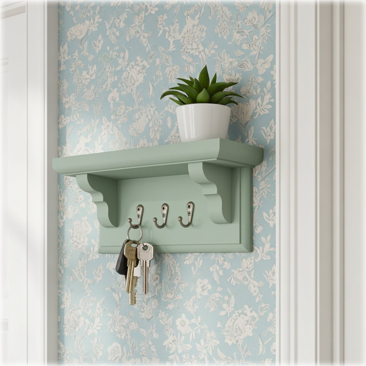Handmade Sage Green Wooden Key Holder with Shelf – Hidden Fixings | Made to Order