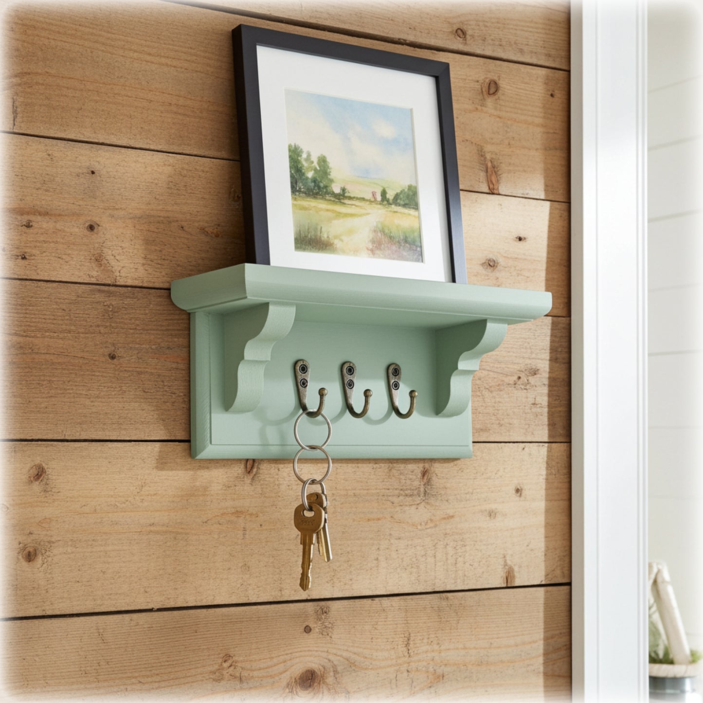 Handmade Sage Green Wooden Key Holder with Shelf – Hidden Fixings | Made to Order