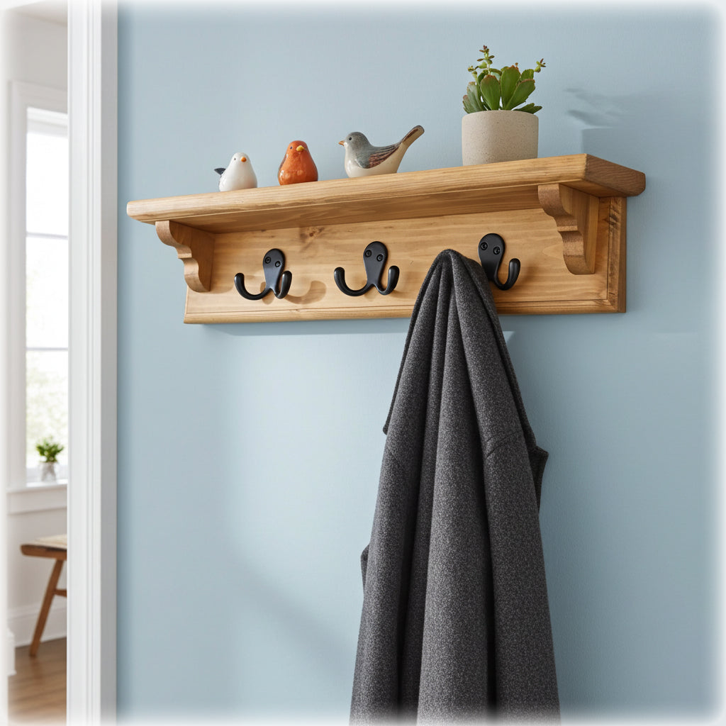 Handmade Wooden Coat Rack with Shelf – Choice of Hooks & Hidden Fittings | Made to Order