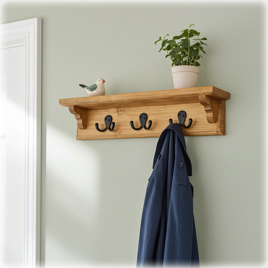 Handmade Wooden Coat Rack with Shelf – Choice of Hooks & Hidden Fittings | Made to Order