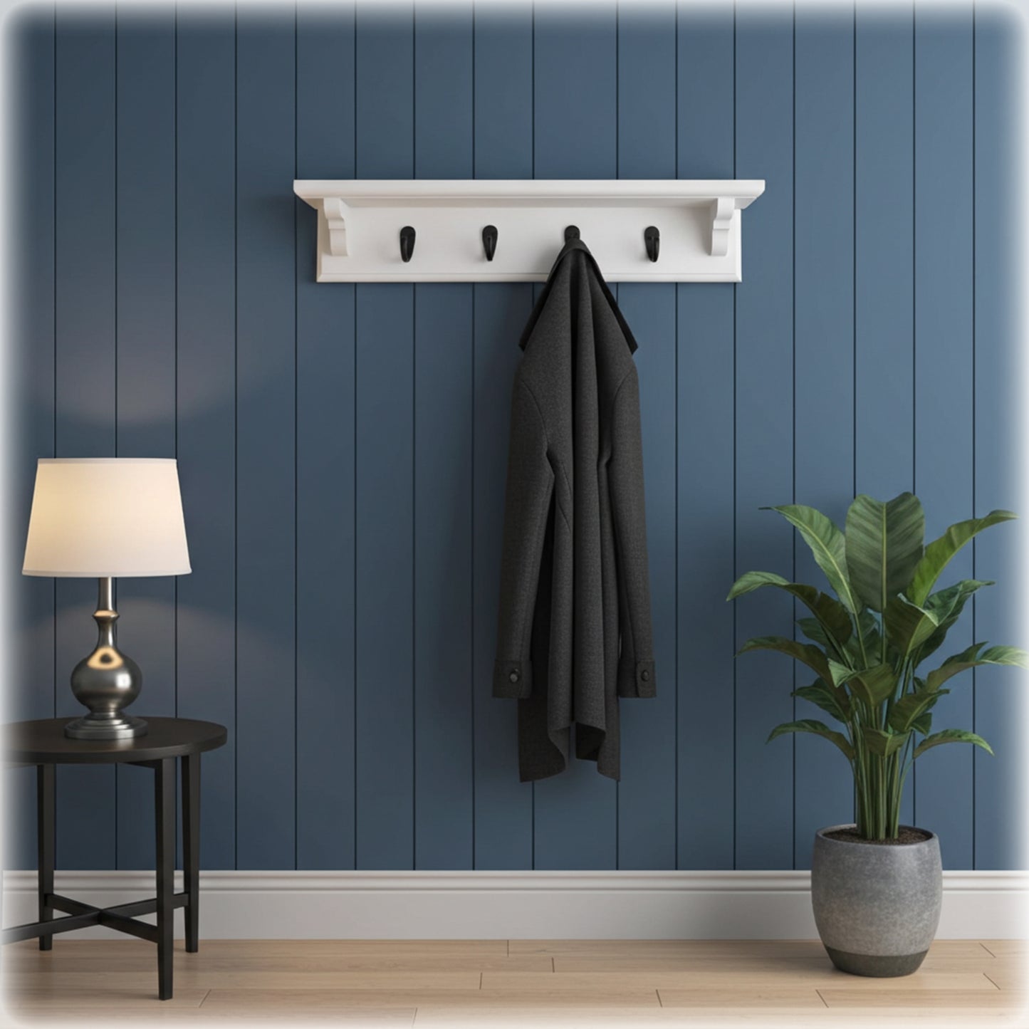 Wooden Coat Rack in White with Shelf – Black Hooks & Hidden Fixings | Stock Item