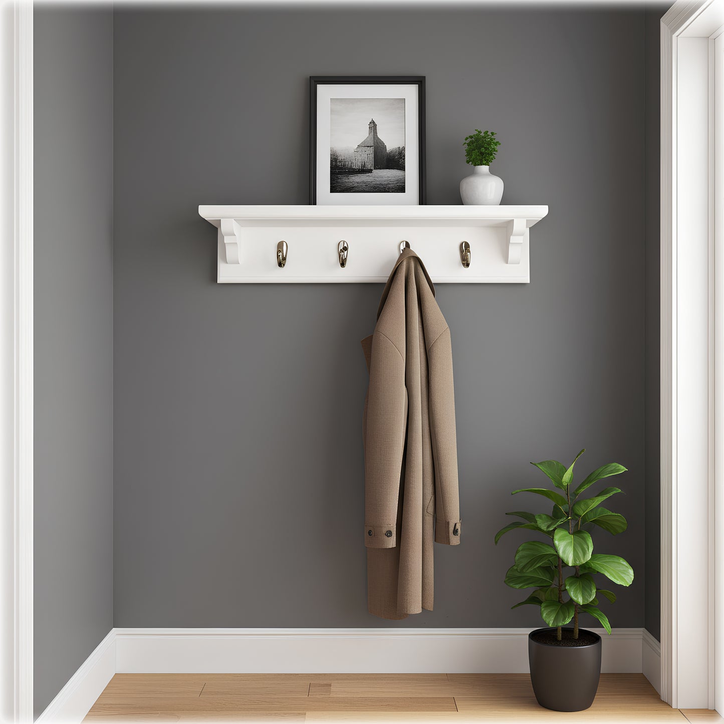 Wooden Coat Rack in White with Shelf – Black Hooks & Hidden Fixings | Stock Item