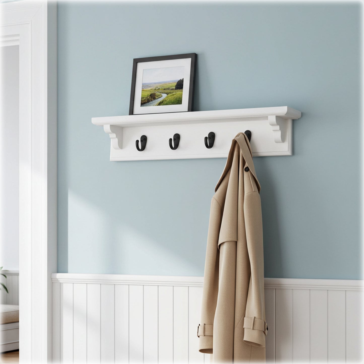 White Wooden Coat Rack with Shelf – Handmade Wall Rack with Hidden Fixings | Made to Order
