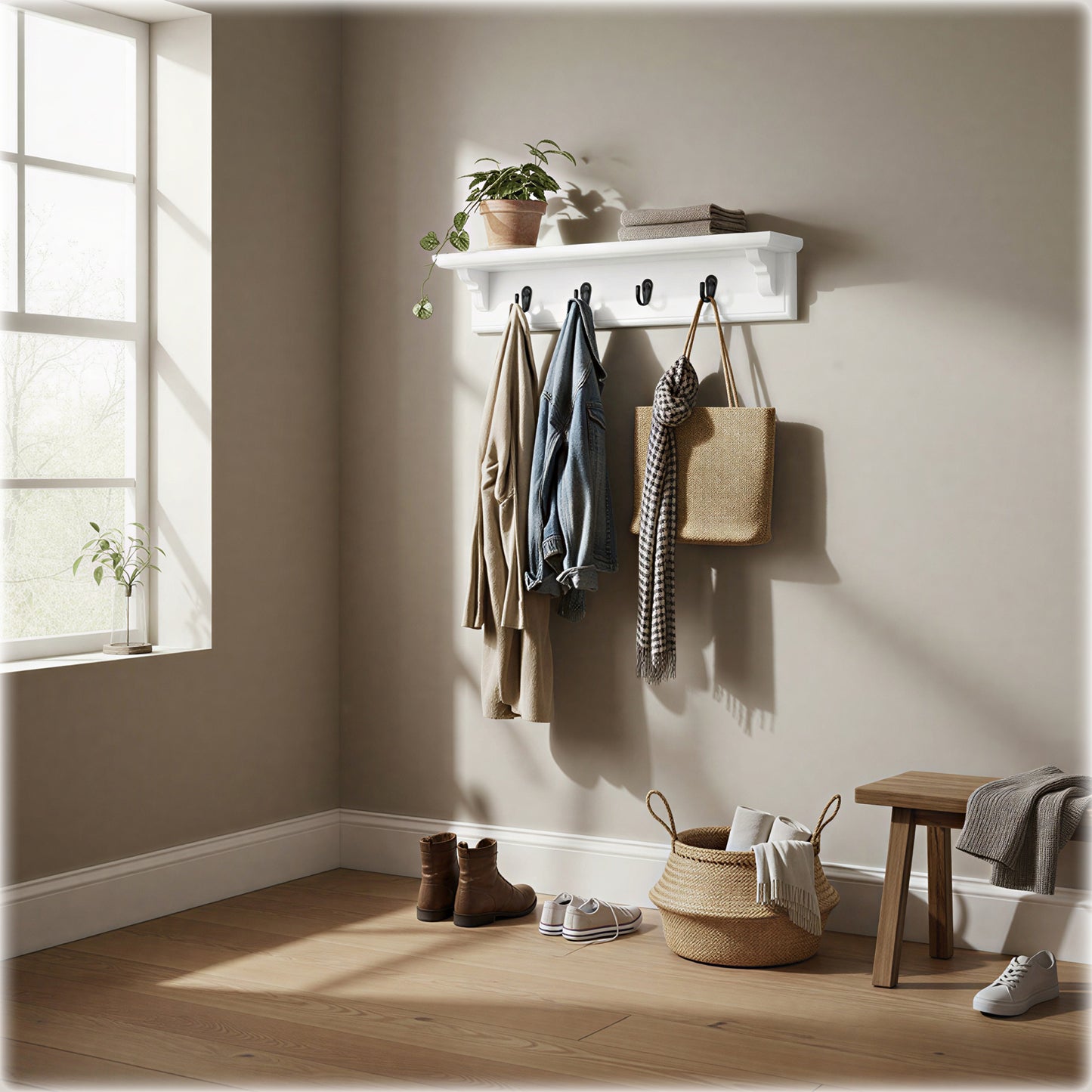 White Wooden Coat Rack with Shelf – Handmade Wall Rack with Hidden Fixings | Made to Order