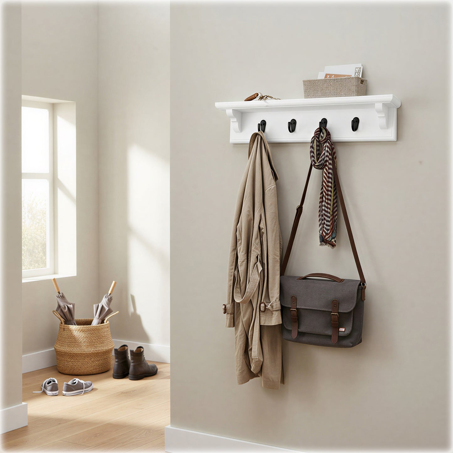 Wooden Coat Rack in White with Shelf – Black Hooks & Hidden Fixings | Stock Item