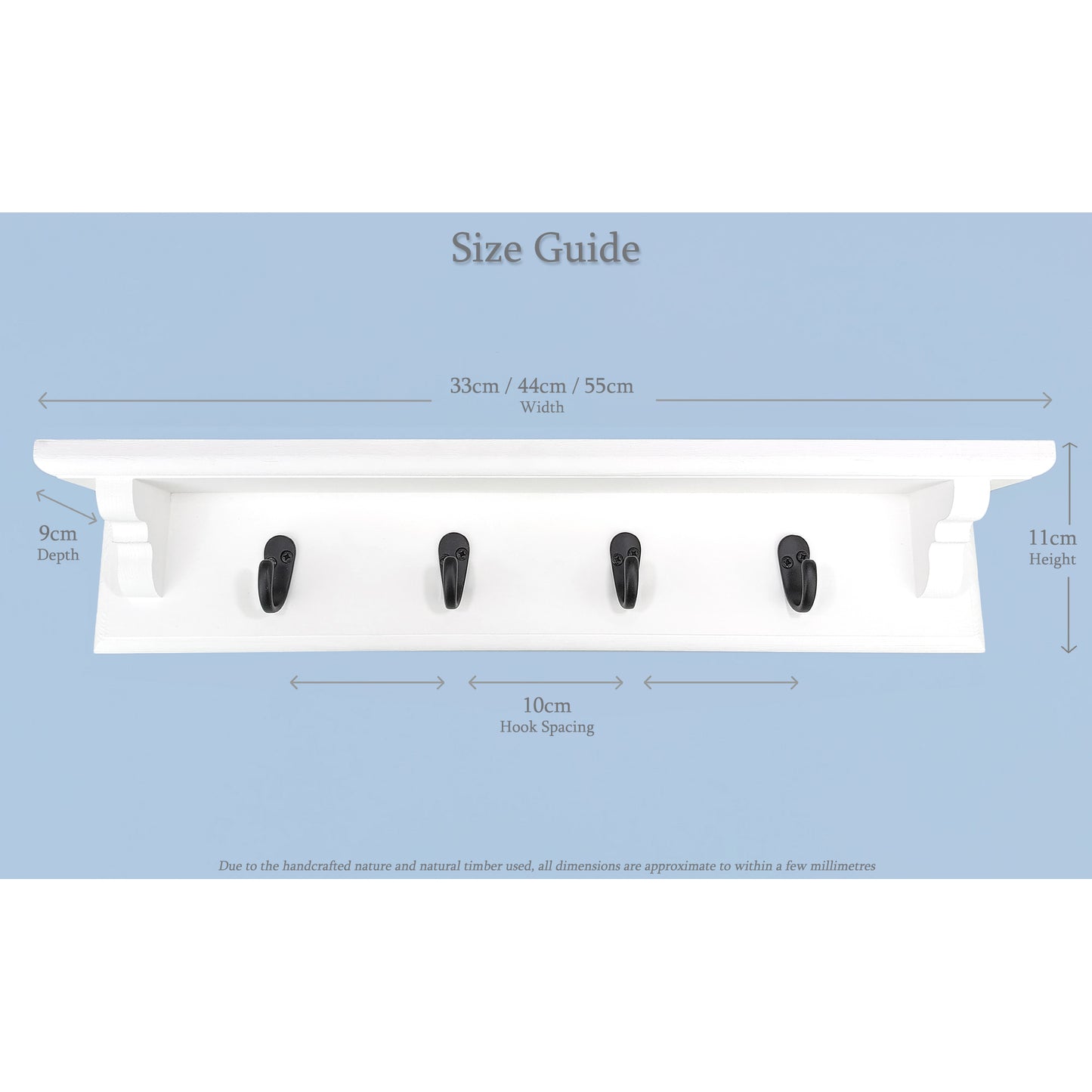 Wooden Coat Rack in White with Shelf – Black Hooks & Hidden Fixings | Stock Item