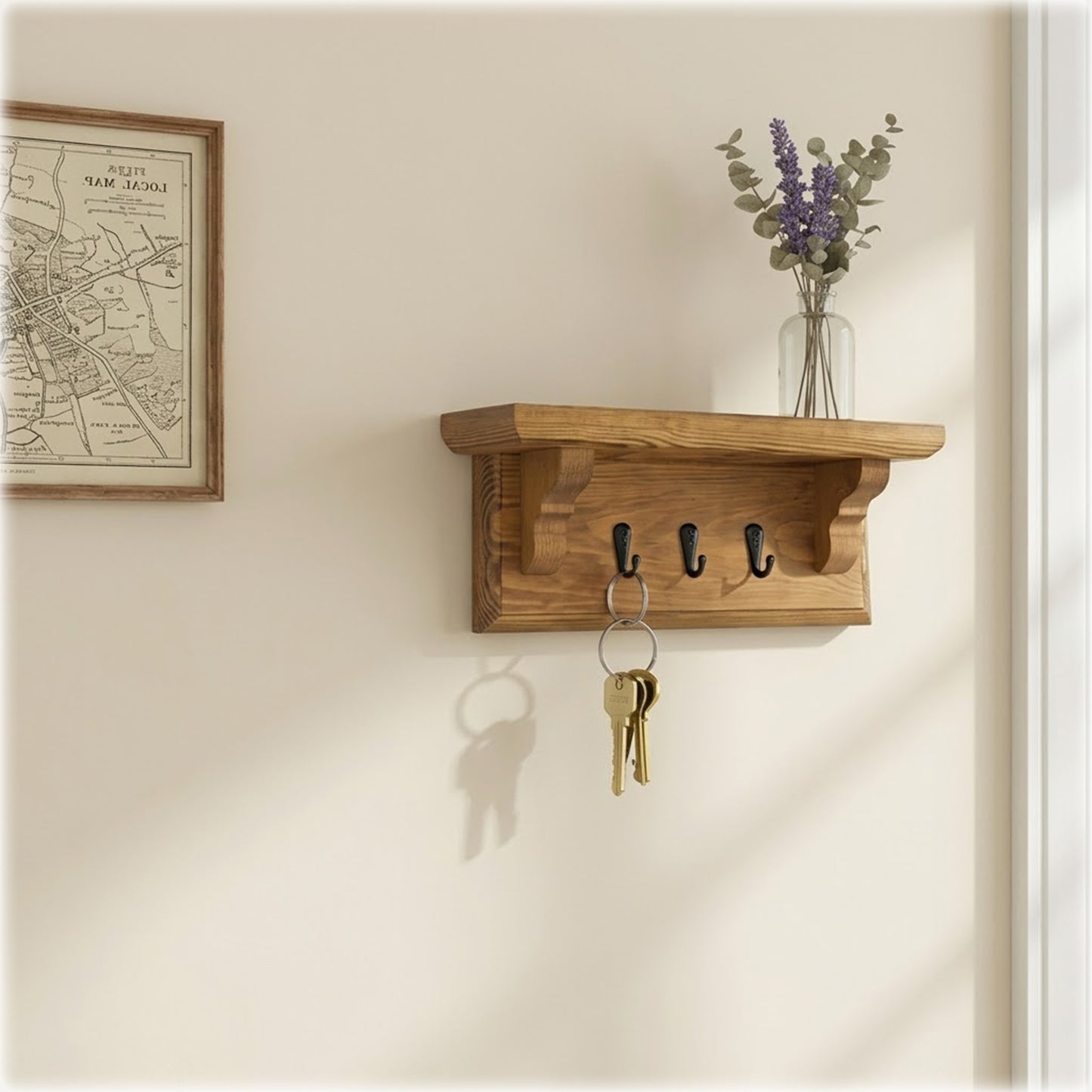 Key Rack with Shelf – Oak Stain & Lacquer Finish – Hidden Fixings | Made to Order