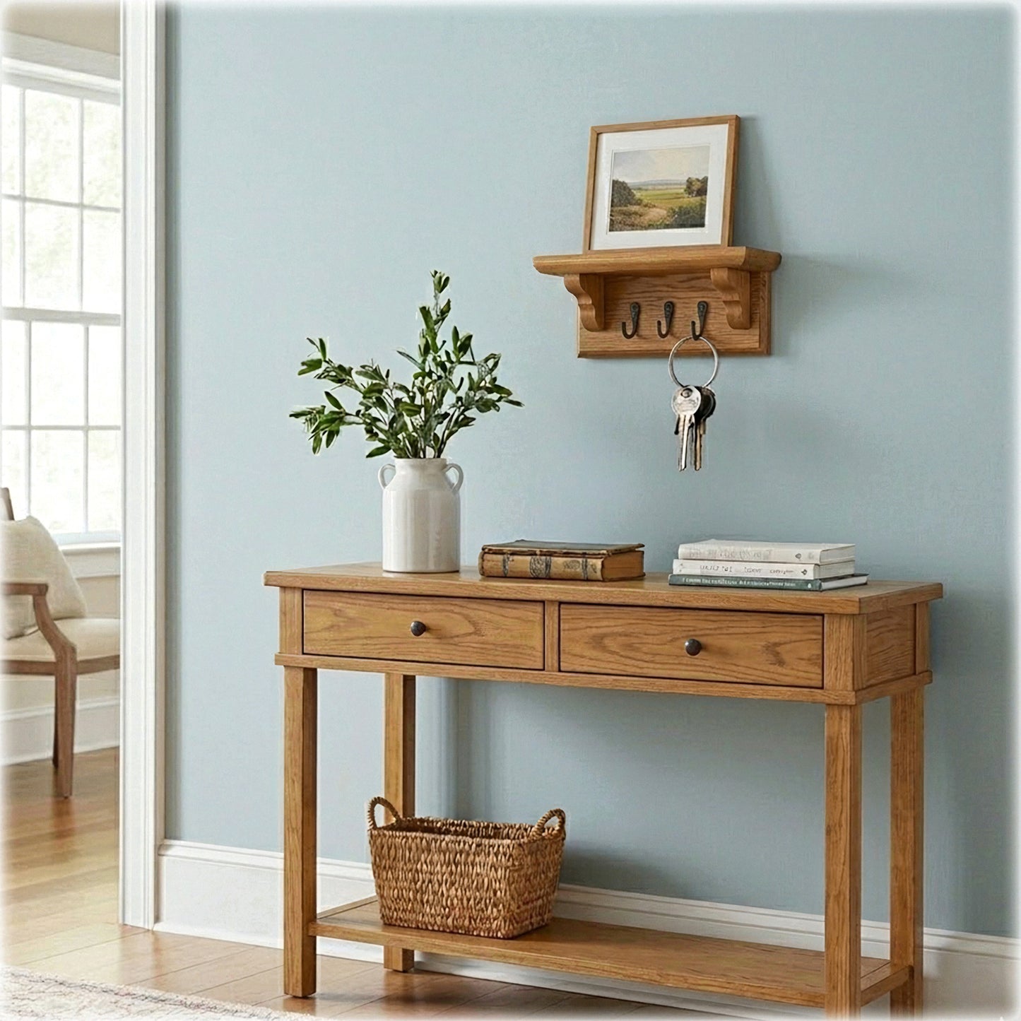 Key Rack with Shelf – Oak Stain & Lacquer Finish – Hidden Fixings | Made to Order