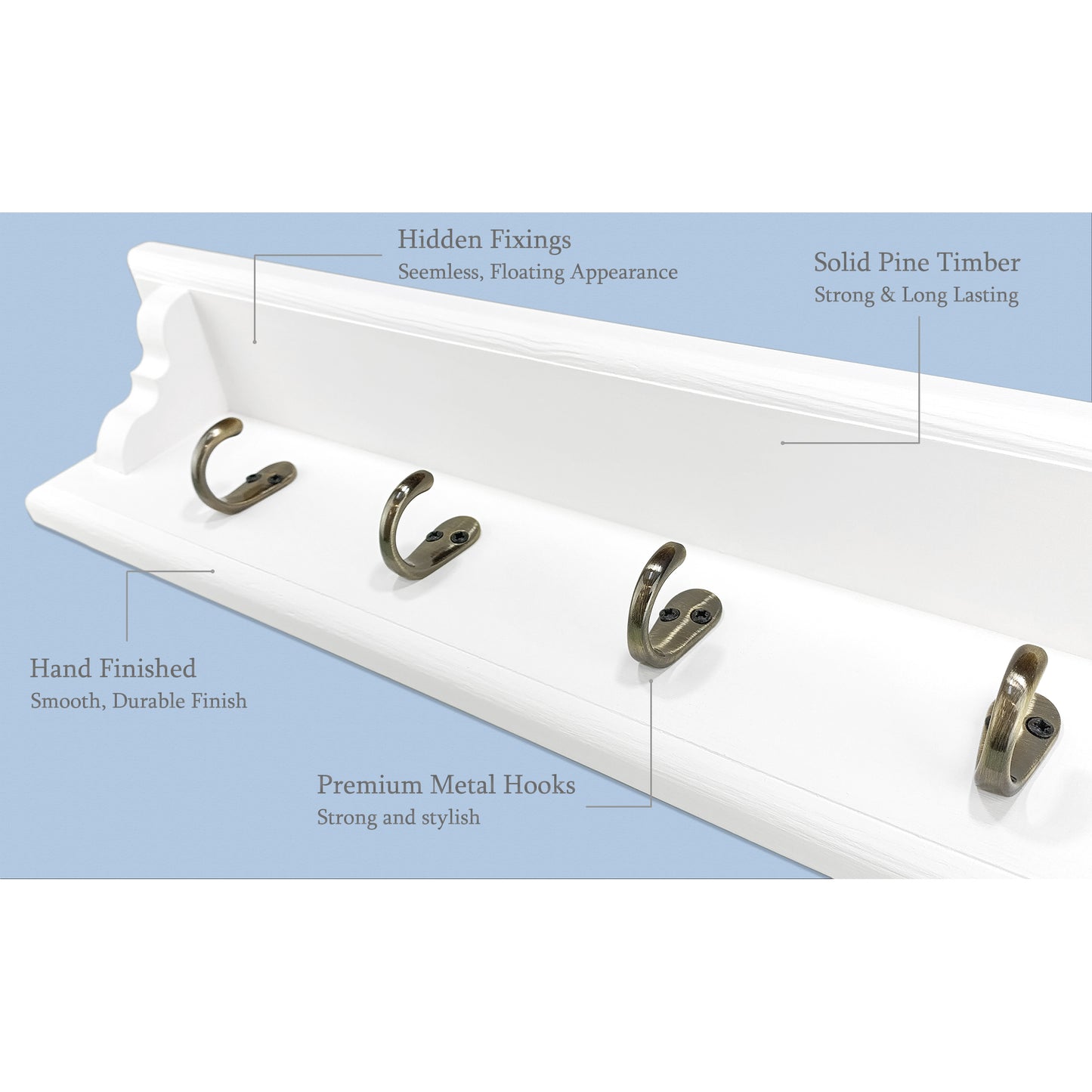 White Wooden Coat Rack with Shelf – Handmade Wall Rack with Hidden Fixings | Made to Order