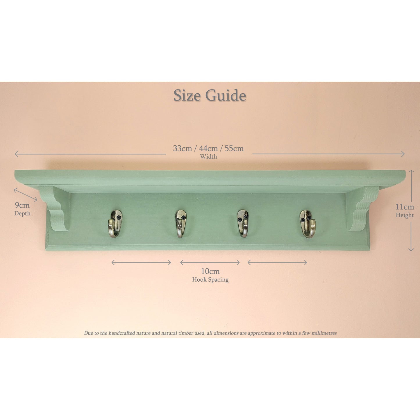 Sage Green Wooden Coat Rack with Shelf – Choice of Hooks | Made to Order