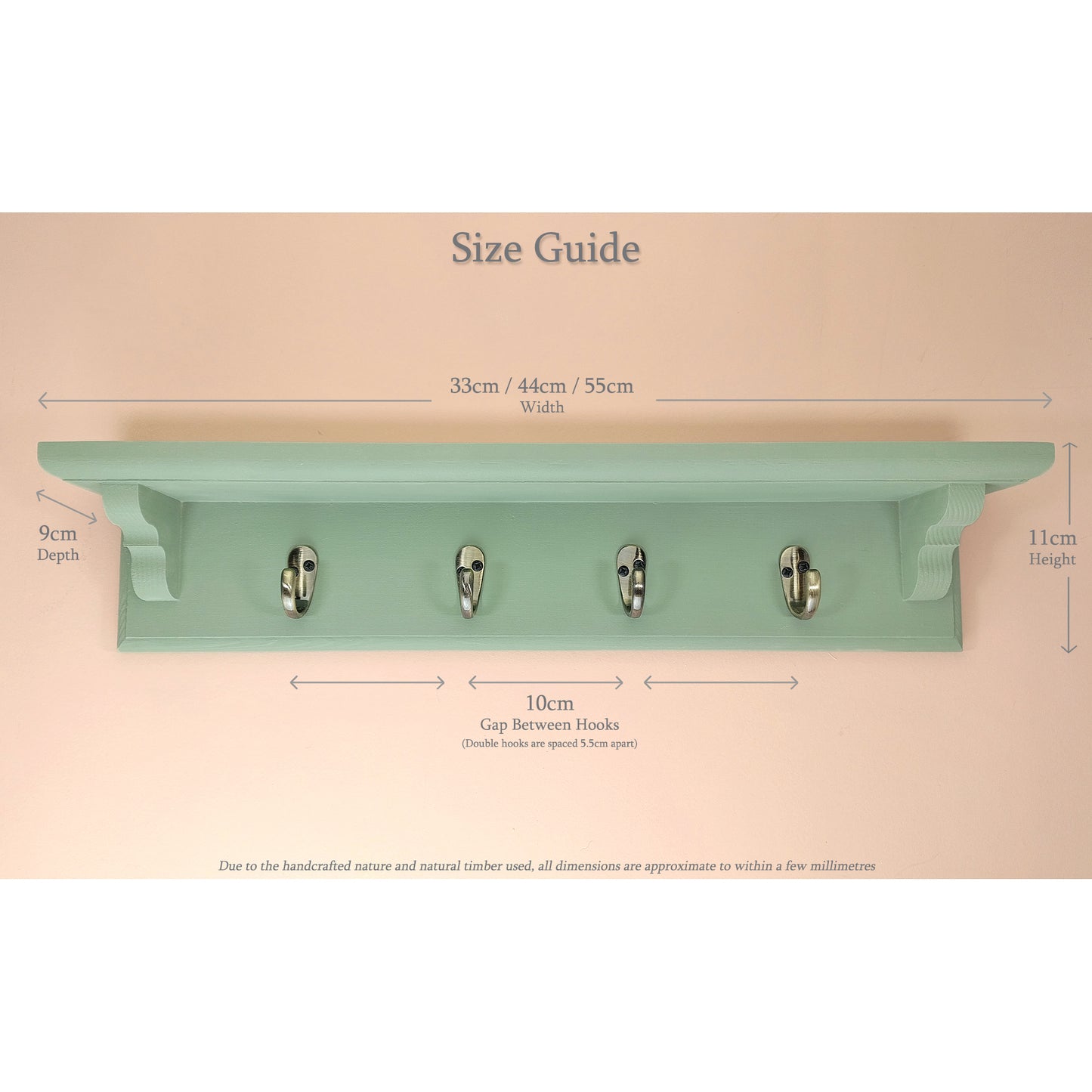 Sage Green Wooden Coat Rack with Shelf – Choice of Hooks | Made to Order
