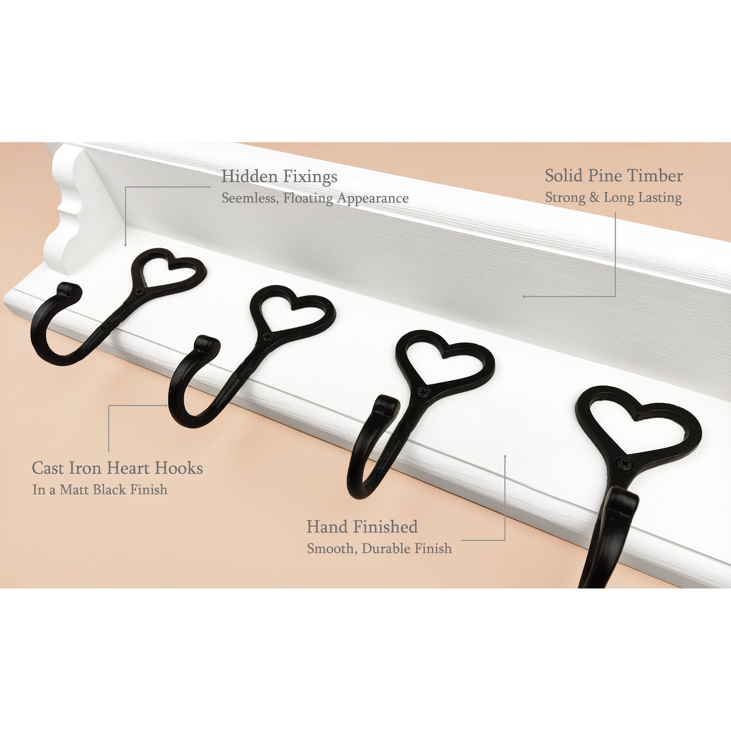White Wooden Coat Rack with Shelf and Cast Iron Heart Hooks – Hidden Fixings | Made to Order