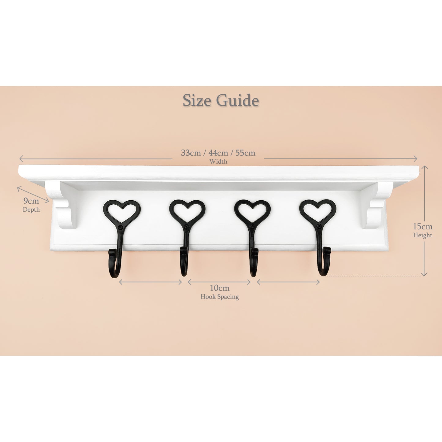 White Wooden Coat Rack with Shelf and Cast Iron Heart Hooks – Hidden Fixings | Made to Order