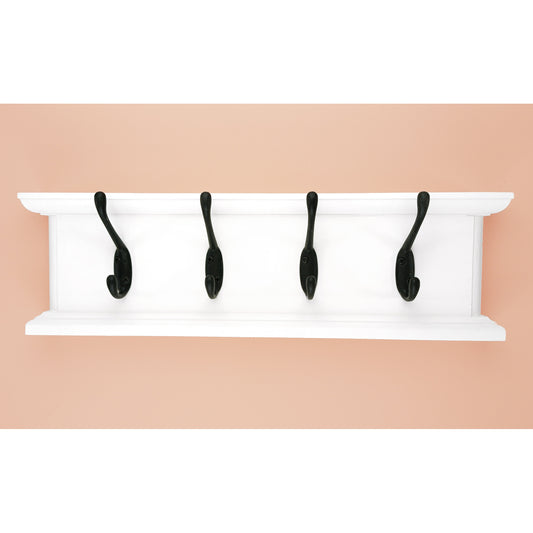 Routed Wooden Coat Rack in White with Double Black Hooks and Hidden Fixings