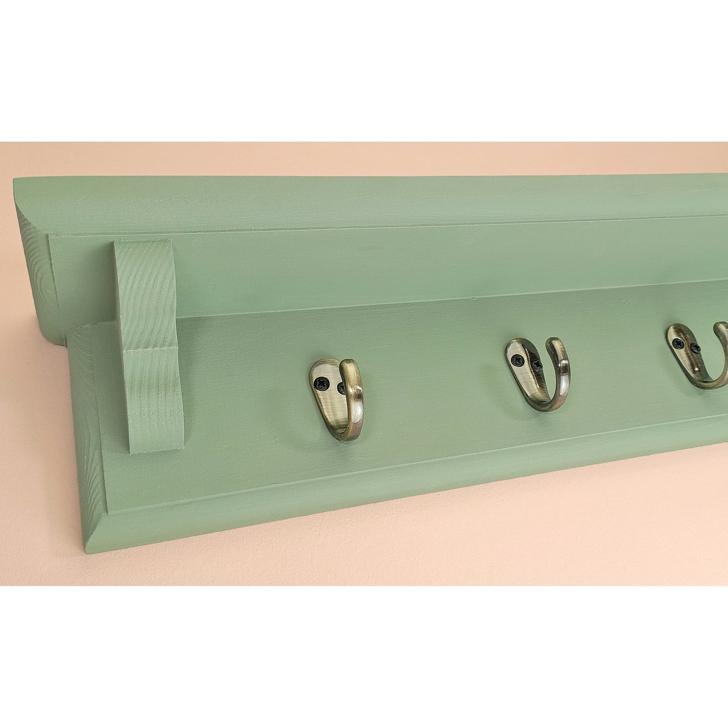 Sage Green Wooden Coat Rack with Shelf – Choice of Hooks | Made to Order