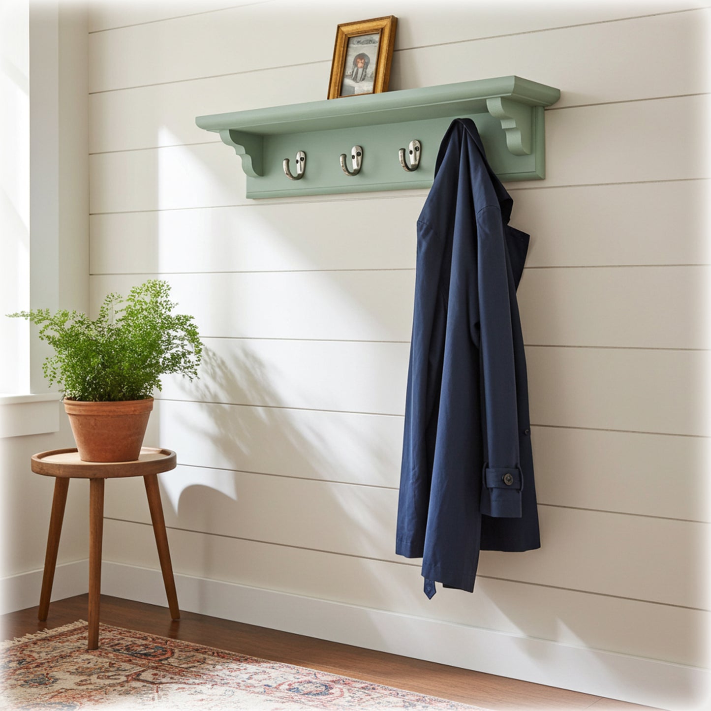 Sage Green Wooden Coat Rack with Shelf – Choice of Hooks | Made to Order
