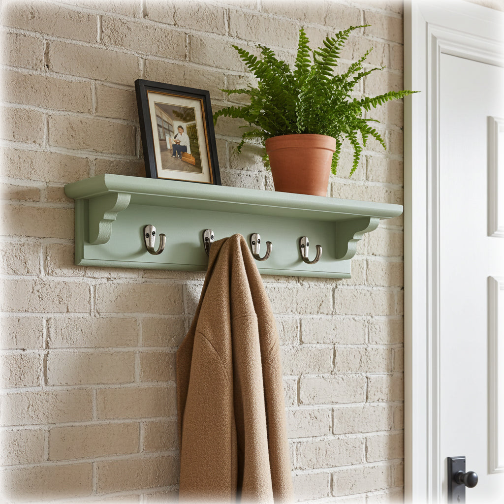 Sage Green Wooden Coat Rack with Shelf – Choice of Hooks | Made to Order