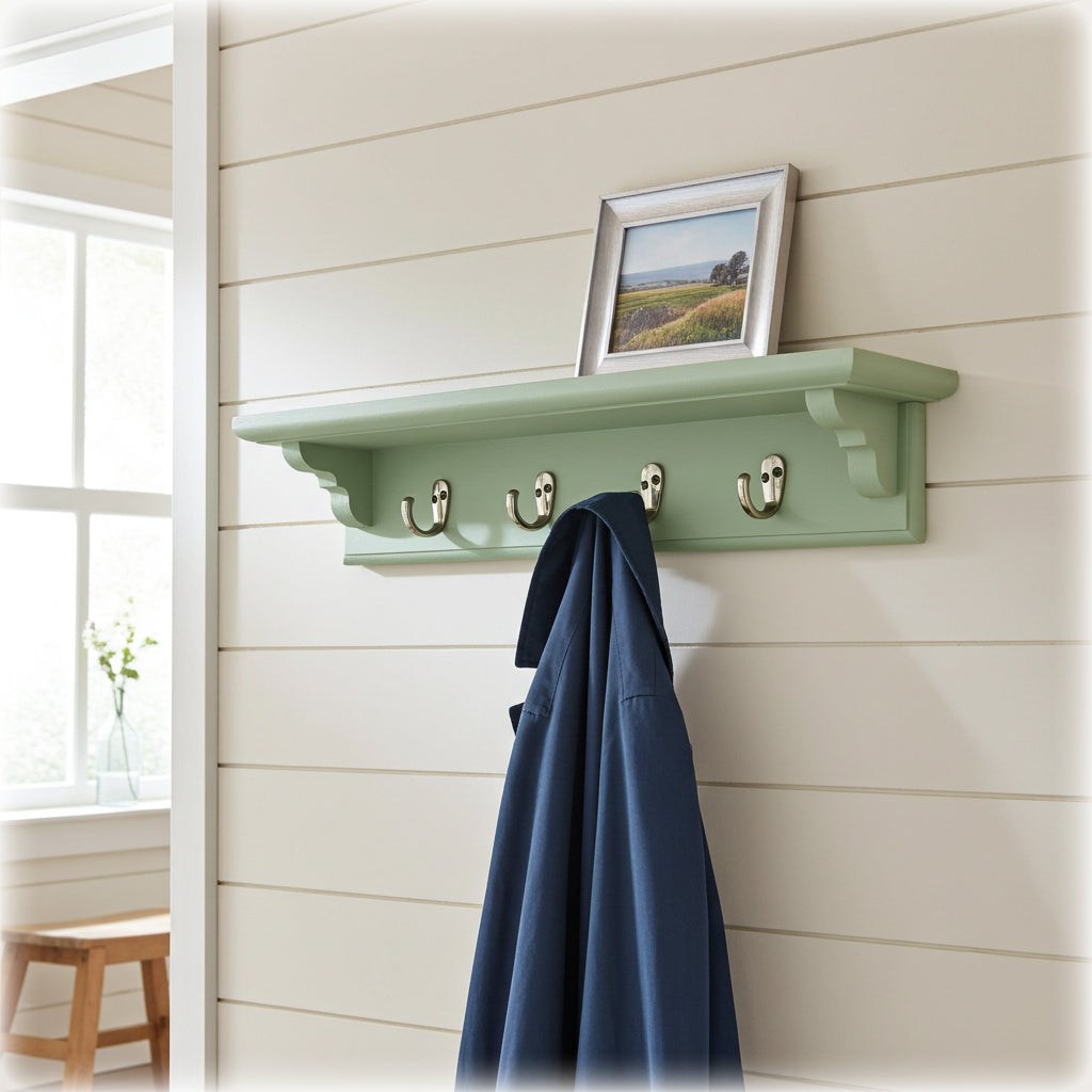 Sage Green Wooden Coat Rack with Shelf – Choice of Hooks | Made to Order