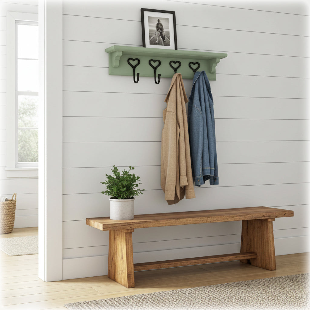 Sage Green Wooden Coat Rack with Shelf – Choice of Hooks | Made to Order