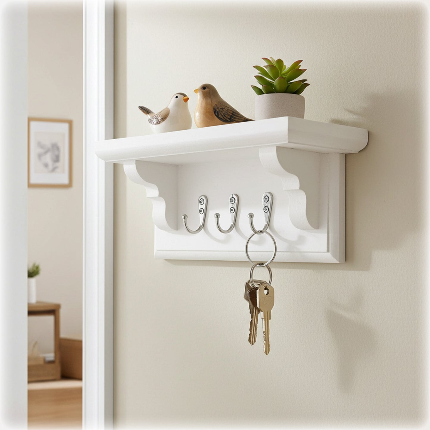 Floating Key Rack with Shelf – White Chalk Painted Wall Organizer | Made to Order