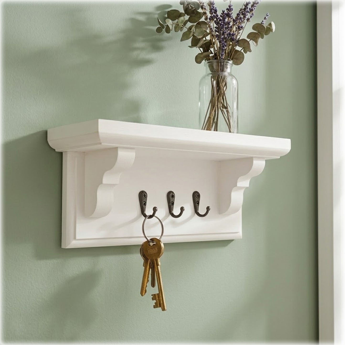 Floating Key Rack with Shelf – White Chalk Painted Wall Organizer | Made to Order