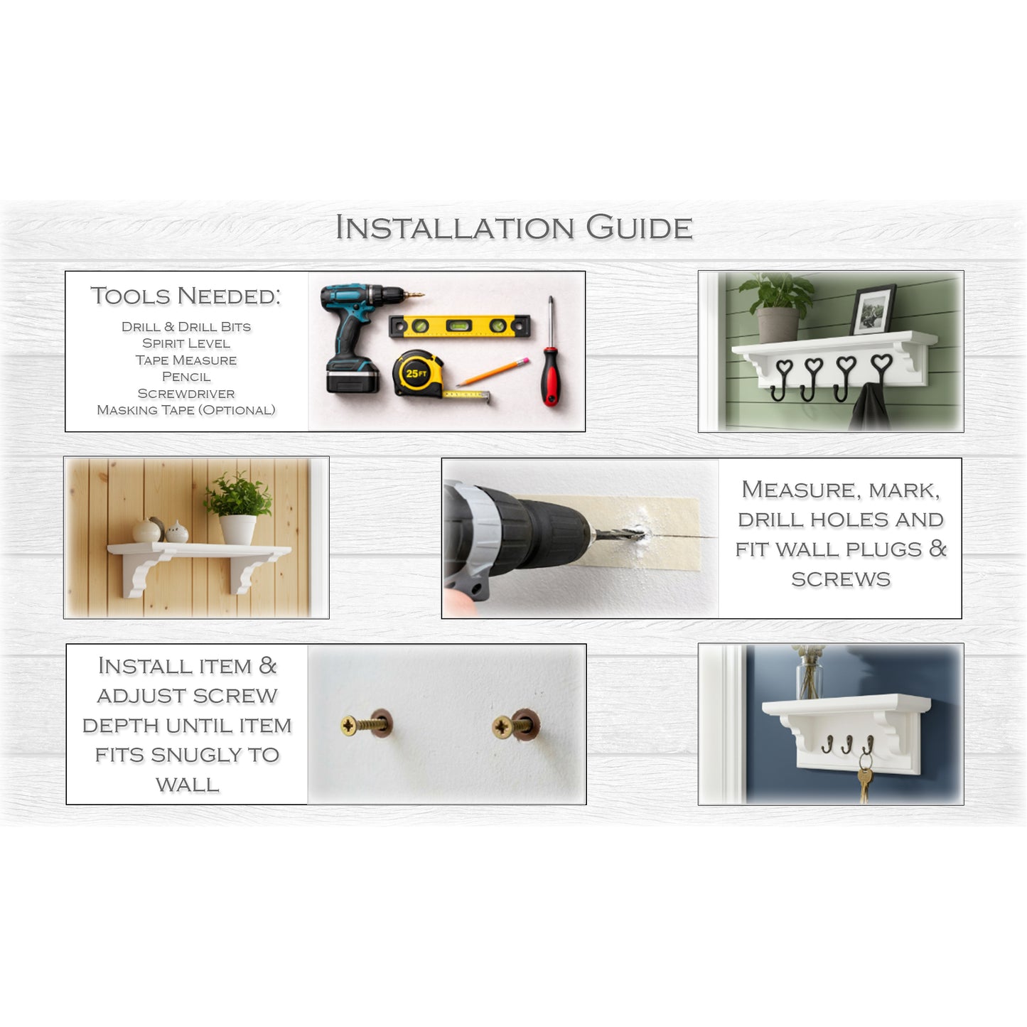 Installation guide for wall-mounted shelves with tools and step-by-step instructions.
