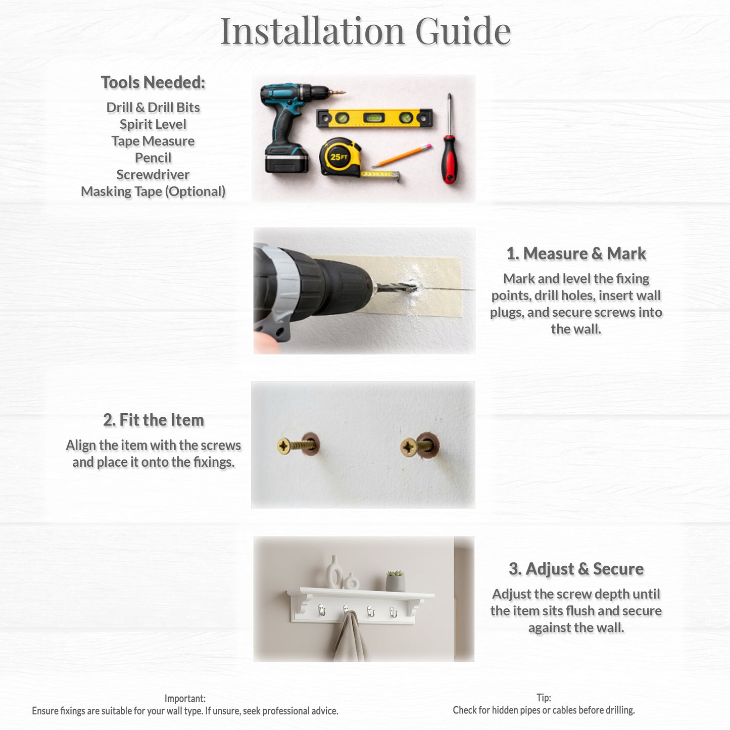 Installation guide with tools and step-by-step instructions on a white background