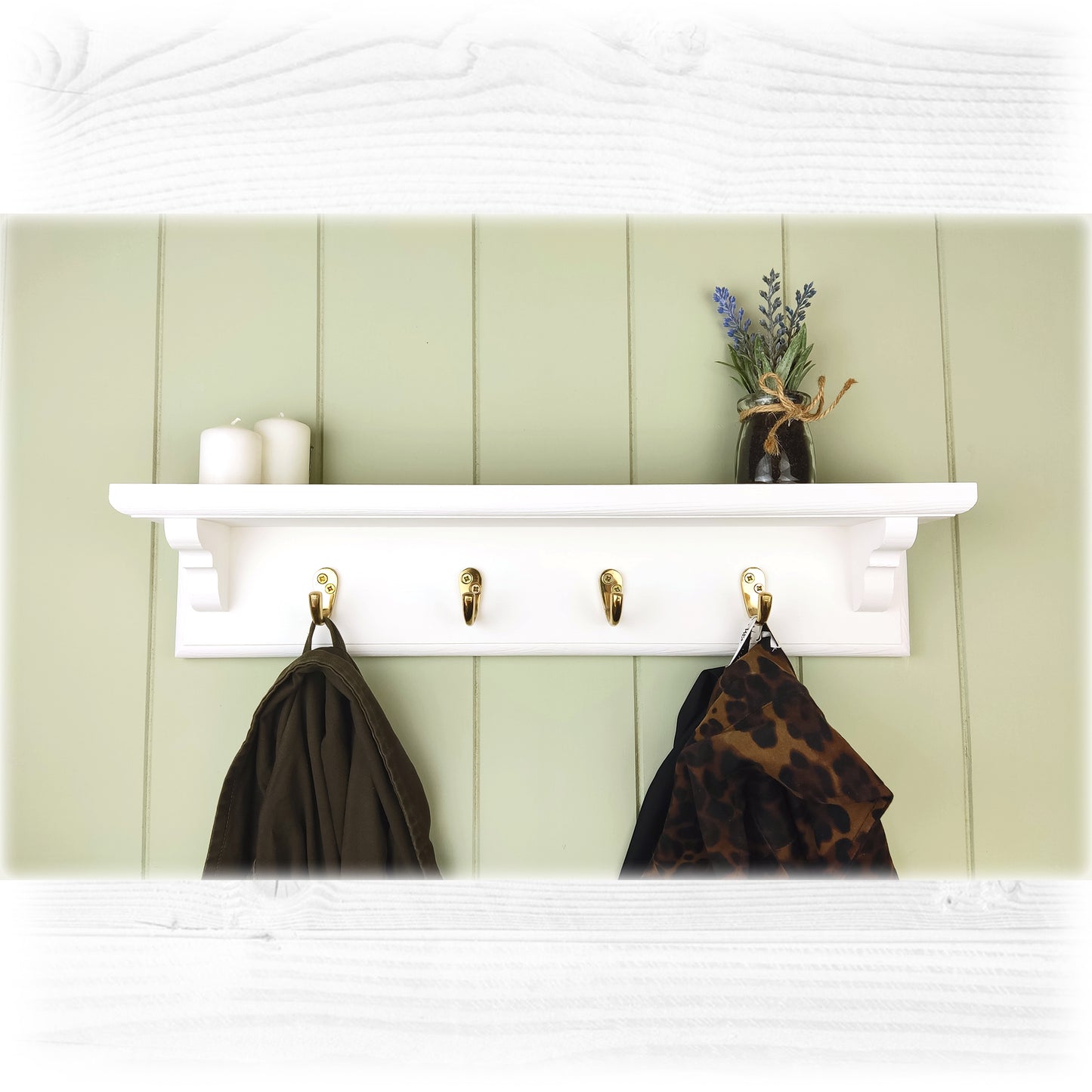 Coat Rack in White with Shelf and Brass / Satin Chrome / Polished Copper Hooks