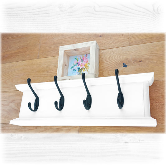 Routed Wooden Coat Rack in White with Double Black Hooks and Hidden Fixings