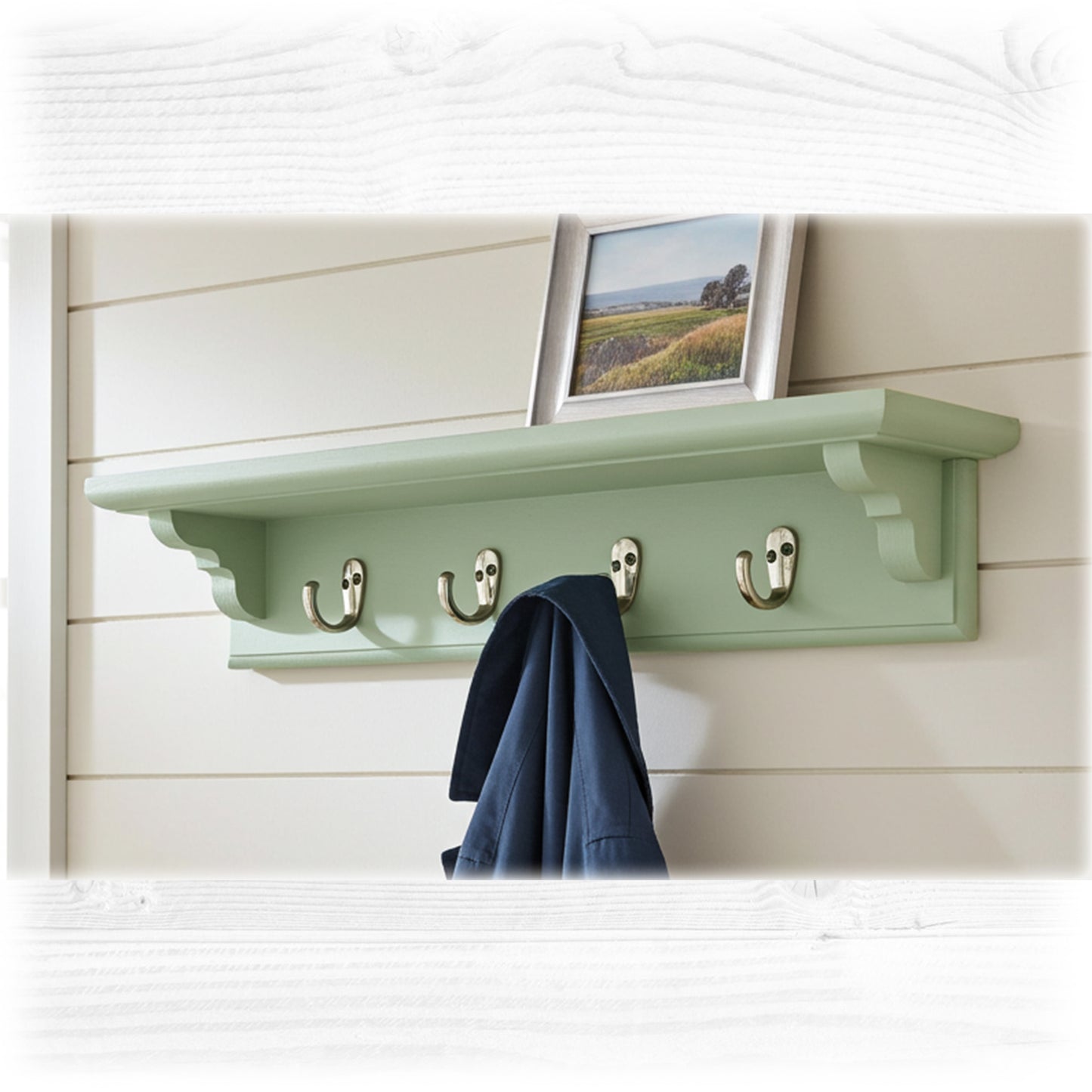 Sage Green Wooden Coat Rack with Shelf – Choice of Hooks | Made to Order