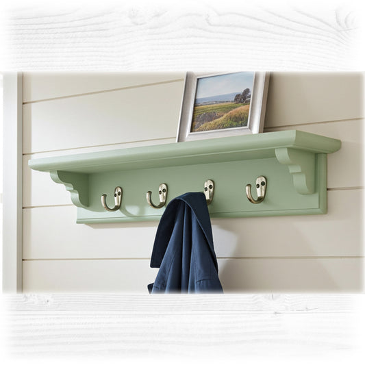 Sage Green Wooden Coat Rack with Shelf – Choice of Hooks | Made to Order