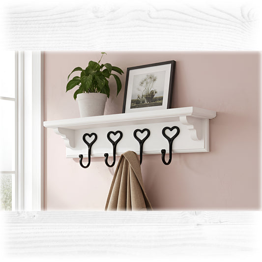 White Wooden Coat Rack with Shelf and Cast Iron Heart Hooks – Hidden Fixings | Made to Order